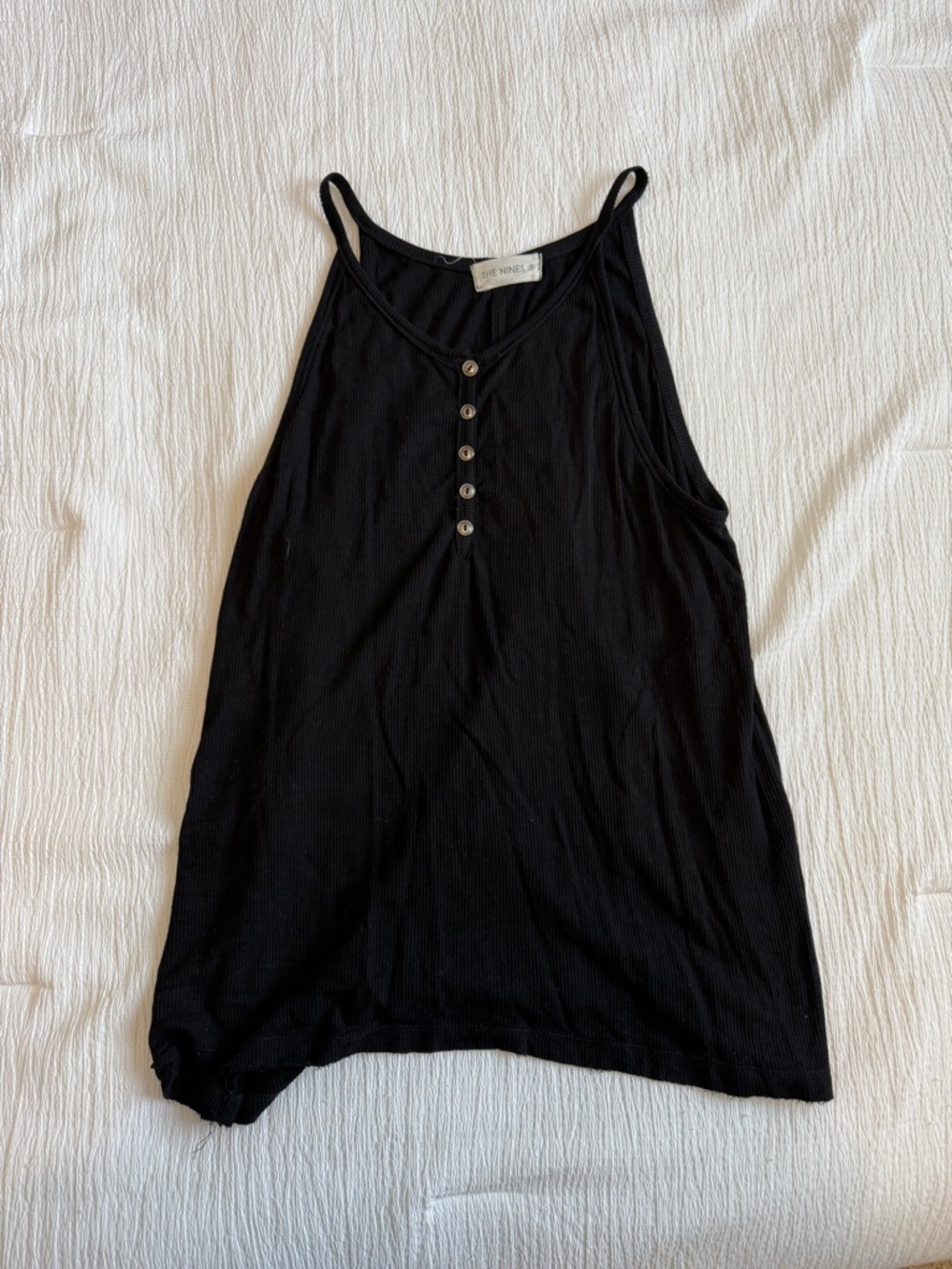 The Nines Black Ribbed Button-Front Tank